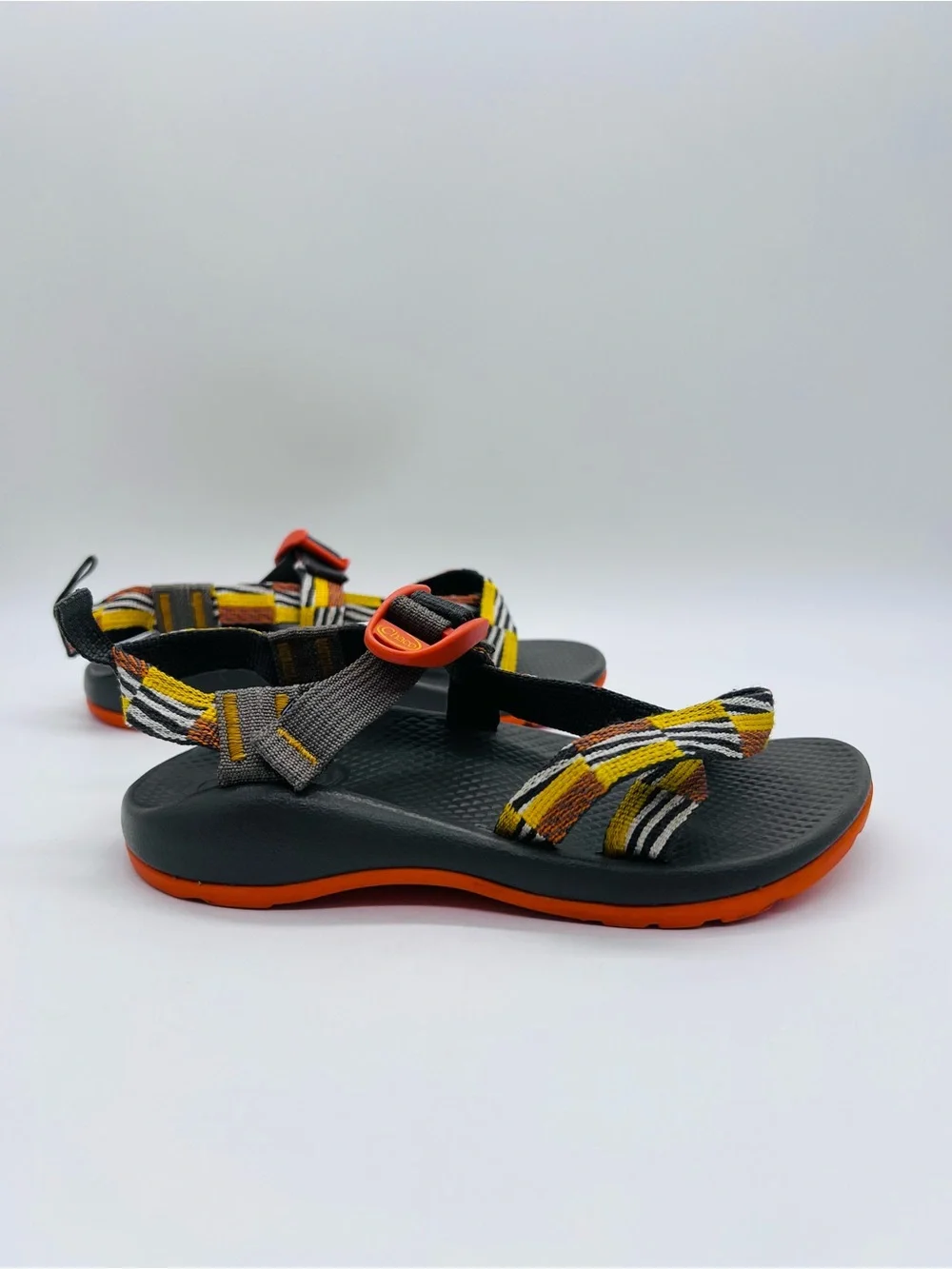 Chaco Kids Z1 Ecotread Sandals in Black, Orange, Yellow Checkerboard Size 3